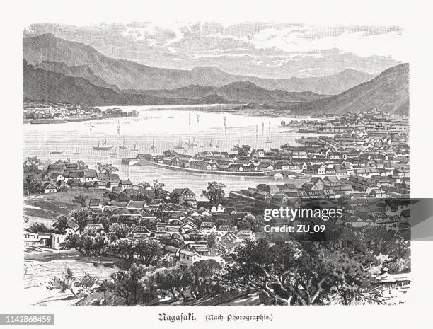 historical view of nagasaki in japan, wood engraving, published in 1897 - nagasaki prefecture stock illustrations