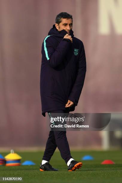 Ernesto Valverde, Manager of Barcelona arrives for a training session ahead of their second leg in the UEFA Champions League Quarter Final match...