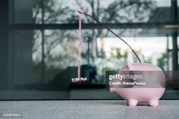 piggy bank with a money carrot stick - financial reward stock pictures, royalty-free photos & images