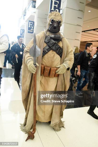 Portrait of a person dressed as a 'Tusken Raider' at the Star Wars Celebration event at Wintrust Arena, Chicago, Illinois, April 13, 2019.