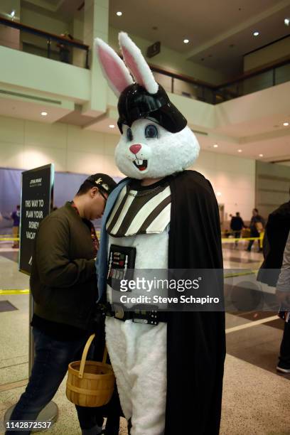 Portrait of a person dressed, simultaneously, as Darth Vader from the 'Star Wars' film series and as the Easter Bunny the Star Wars Celebration event...