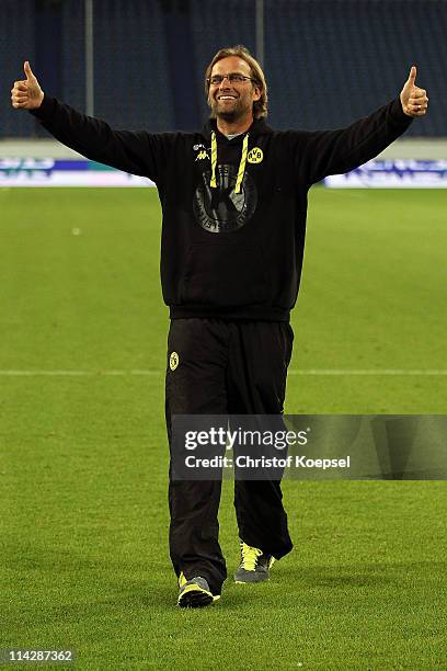 Head coach Juergen Klopp celebrates the 2-1 victory after the charity match between Borussia Dortmund and a Team of Japan at the Schauinsland Reisen...