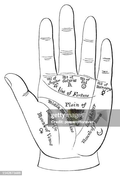 stockillustraties, clipart, cartoons en iconen met chiromantie (handleeskunde of palm reading)-renaissance magie - handpalm