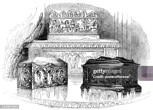 ancient caskets/jewelry boxes - ring box stock illustrations