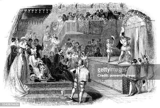 william shakespeare and lord chamberlain’s men performing for queen elizabeth i - 16th century - william shakespeare stock illustrations