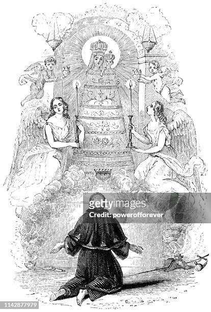 stockillustraties, clipart, cartoons en iconen met pelgrim knielend voor het standbeeld van onze-lieve-vrouw van loreto - religieus icoon