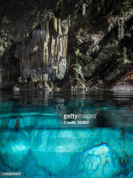 turquoise crystal clear water at the saturno cave, cuba - grotto cave stock pictures, royalty-free photos & images