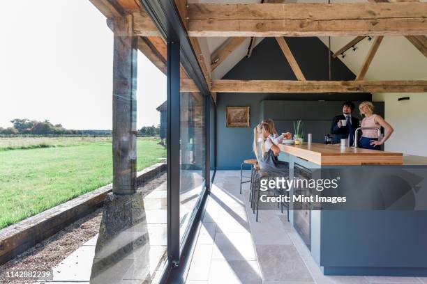 caucasian family eating breakfast in kitchen - luxury family stockfoto's en -beelden