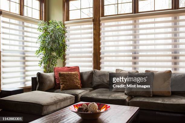 sofa and blinds in living room - tapparelle foto e immagini stock