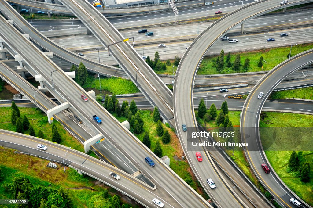 Aerial view of interstate change overpasses