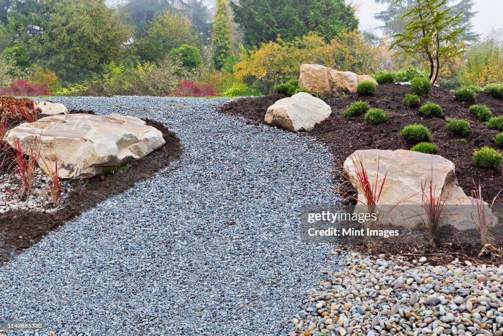 Gravel path and rocks in landscaped garden