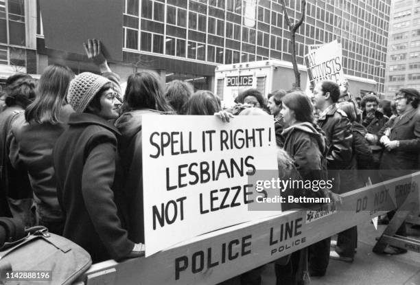 Members of the gay community demonstrate in front of the Daily News Building protesting an editorial by the paper concerning a recent U.S. Supreme...