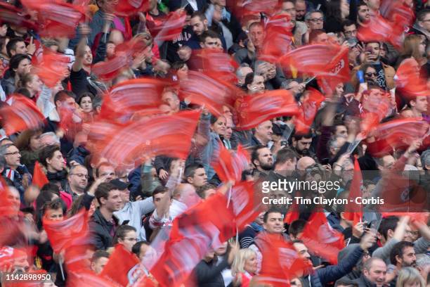 April 14: Stade Toulouse fans wave their flags as they celebrate victory during the Stade Toulouse Vs Clermont Auvergne, Top 14 Regular Season match...