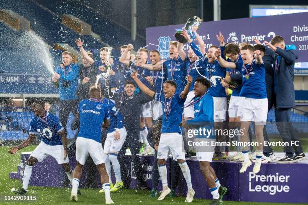 Everton U23's lift the Premier League trophy after beating Brighton & Hove Albion 1-0 at Goodison Park on April 15, 2019 in Liverpool, England.