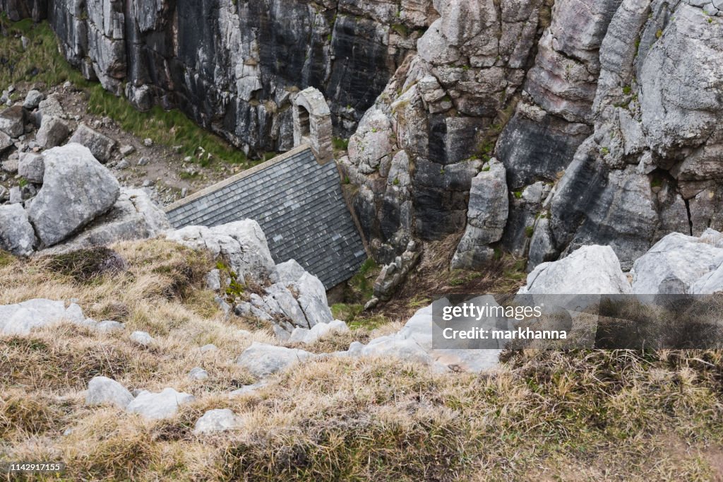 St Govan's Chapel built into a cliff, Pembrokeshire, Wales, United Kingdom