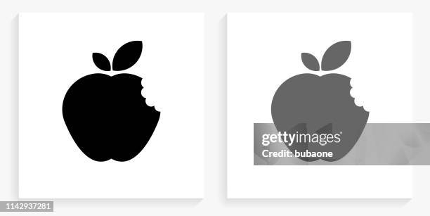 bitten apple black and white square icon - bite mark stock illustrations