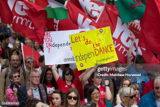 Thousands take part in the first ever march for Welsh independence from City Hall to the Hayes on May 11, 2019 in Cardiff, Wales. Organisers of the...