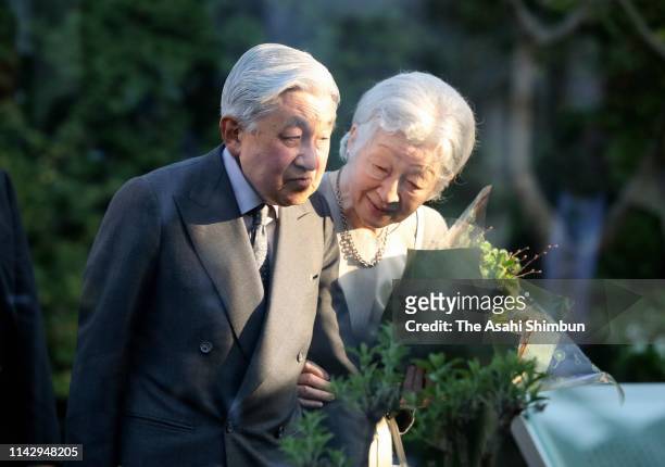 Emperor Akihito and Empress Michiko visit the Nemunoki no Niwa garden, on the former site of the home where the empress was born on April 13, 2019 in...