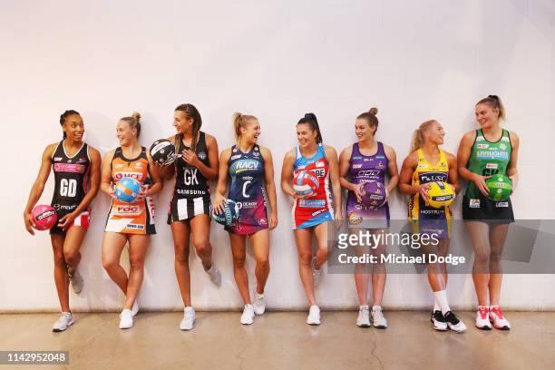 Captains Layla Guscoth of Adelaide Thunderbirds, Kim Green of the Giants, Geva Mentor of the Magpies, Kate Moloney of the Vixens, Maddy Proud of the...