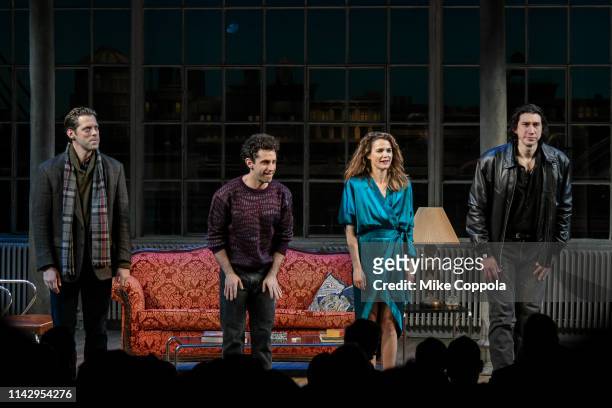 Actors David Furr, Brandon Uranowitz, Keri Russell, Adam Driver, and take a curtain call during "Burn This" Opening Night at Hudson Theatre on April...