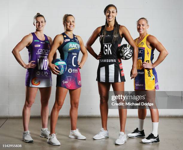Gabi Simpson of the Firebirds, Kate Moloney of the Vixens, Geva Mentor of the Magpies and Laura Langman of the Lightning pose during the Netball...