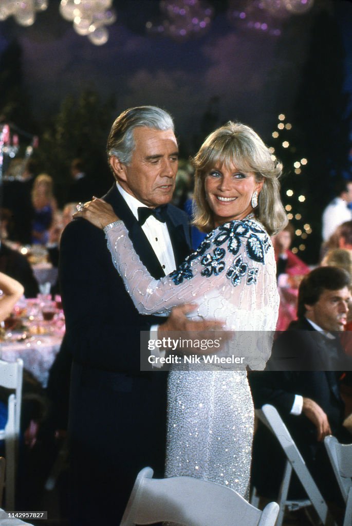 John Forsythe and Linda Evans on Set of "Dynasty" TV Series