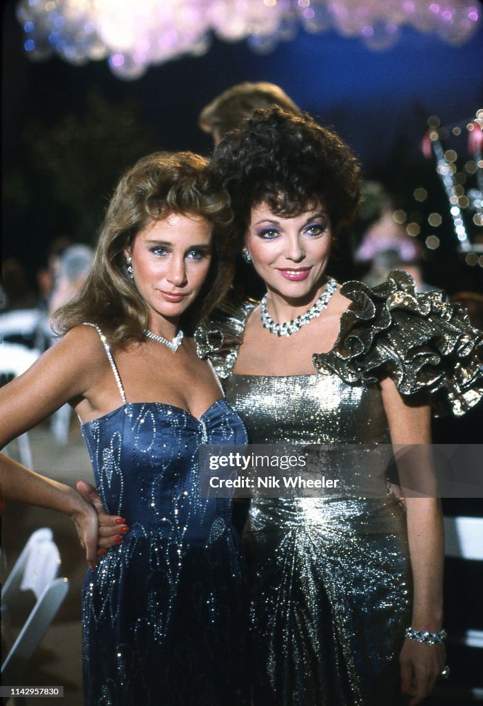 Actresses Joan Collins and Pamela Bellwood on Set of "Dynasty" TV Show