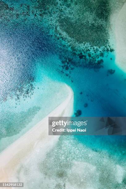 aerial view of white sand beach and blue tropical lagoon, ishigaki island, japan - blue aerial stock pictures, royalty-free photos & images