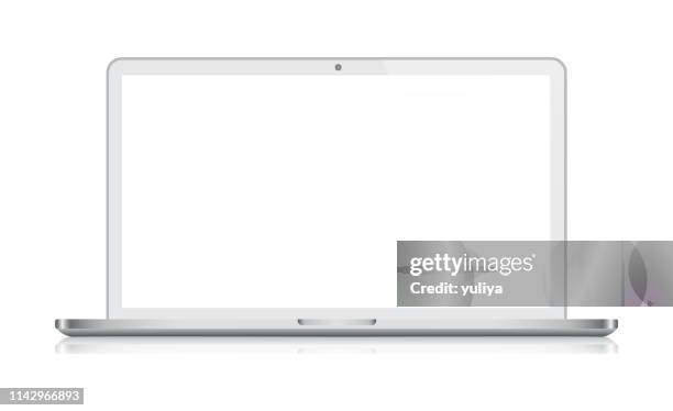 laptop in silver color with reflection, realistic vector illustration - white tablet stock illustrations