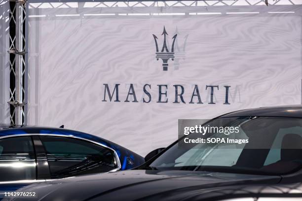 Vehicles and the Maserati brand logo are seen during the event. The Automobile Barcelona trade fair celebrates 100 years. The event takes place from...