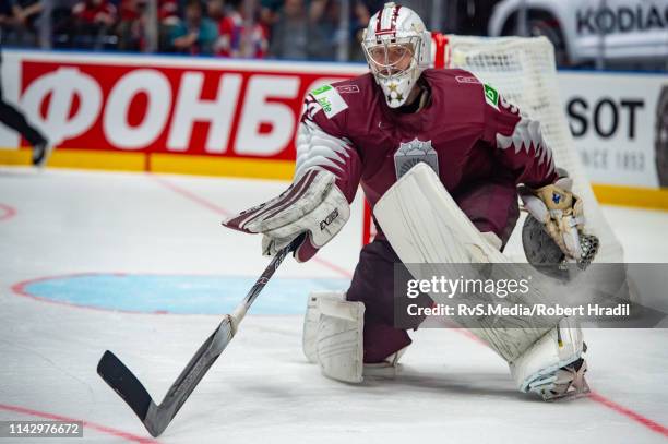 Goalie Kristers Gudlevskis in action during the 2019 IIHF Ice Hockey World Championship Slovakia group B game between Latvia and Austria at Ondrej...