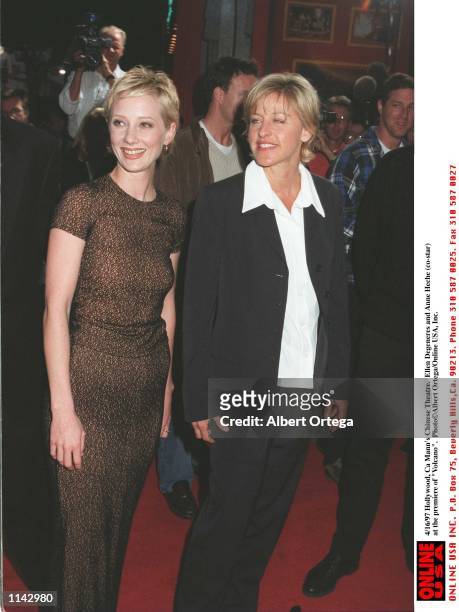 Hollywood, Ca Mann's Chinese Theatre. Ellen Degeneres and Anne Heche at the premiere of "Volcano"