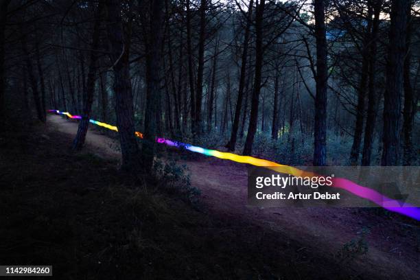 colorful light trail following footpath at dusk between the mediterranean forest. - light painting stock-fotos und bilder
