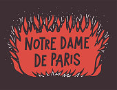 Notre-Dame de Paris fire burns out concept Vector illustration. 15 april 2019 France Flame Fire with text hand lettering