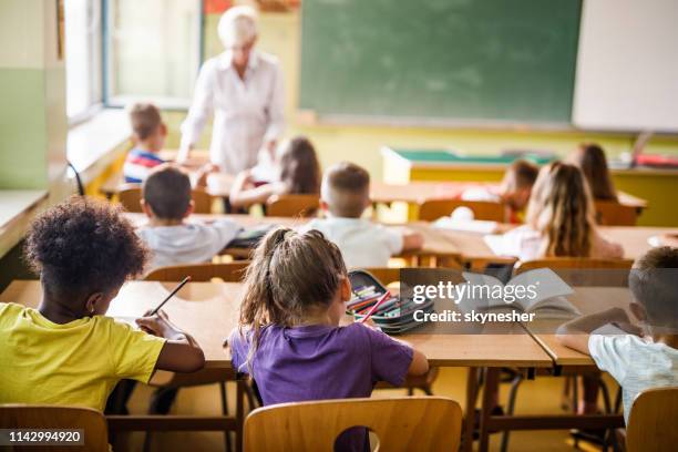 rear view of elementary students attending a class in the classroom. - criança de escola primária imagens e fotografias de stock