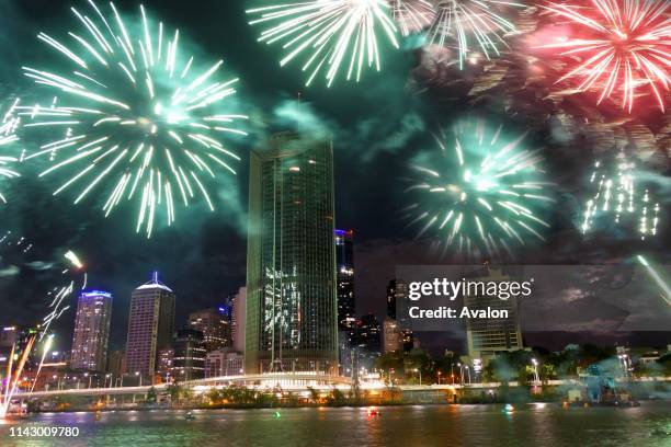 Fireworks display for Christmas over Southbank Parklands and Brisbane City River in Queensland, Australia.