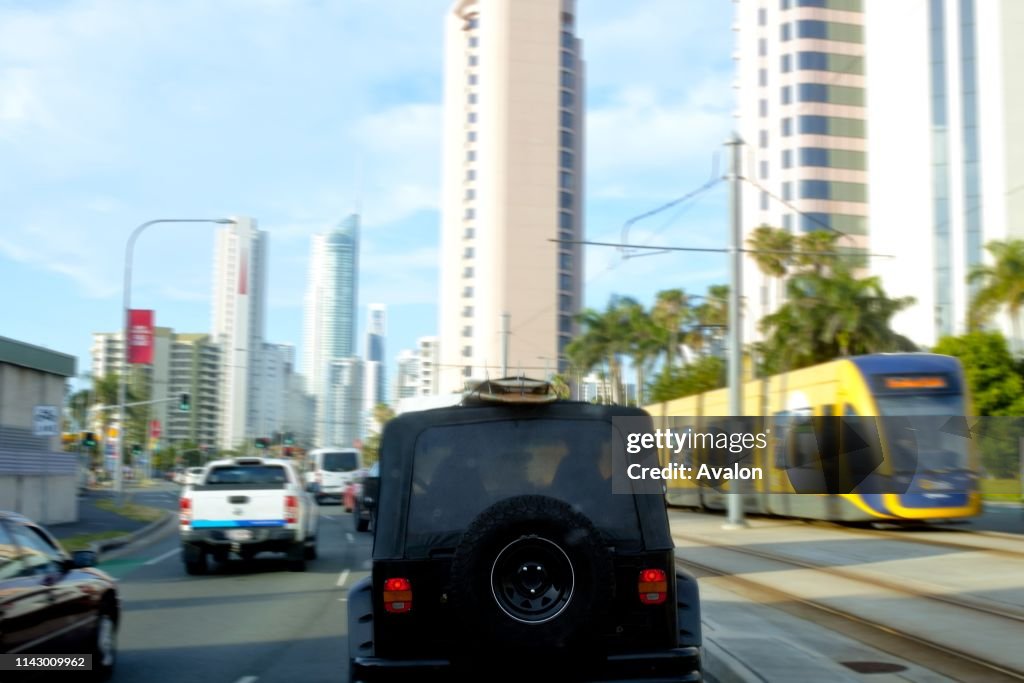 Gold Coast Rush hour traffic in Surfers Paradise Gold Coast.Analysis of car ownership in 2016 indicates 53% of households in Gold Coast City had access to two or more motor vehicles