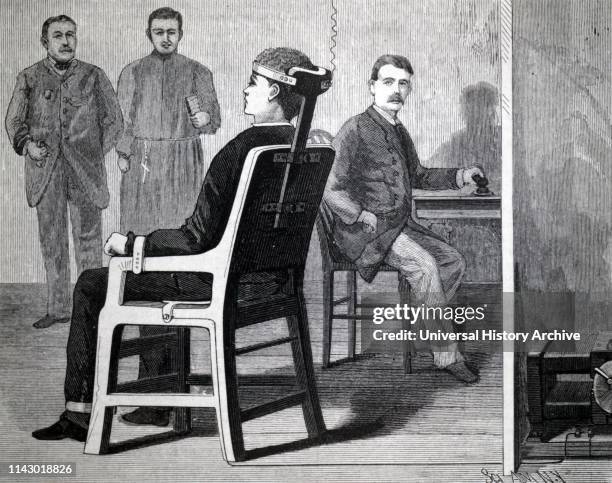 Artist's impression of the first execution. By electric chair. 6 August 1890. Auburn Prison. New York.
