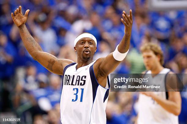 Jason Terry of the Dallas Mavericks reacts in the first half while taking on the Oklahoma City Thunder in Game One of the Western Conference Finals...