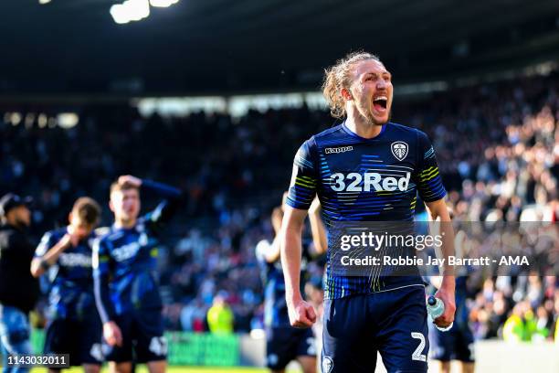 Luke Ayling of Leeds United celebrates at full time during the Sky Bet Championship Play-off Semi Final First Leg match between Derby County and...