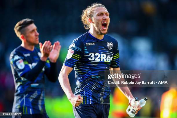 Luke Ayling of Leeds United celebrates at full time during the Sky Bet Championship Play-off Semi Final First Leg match between Derby County and...