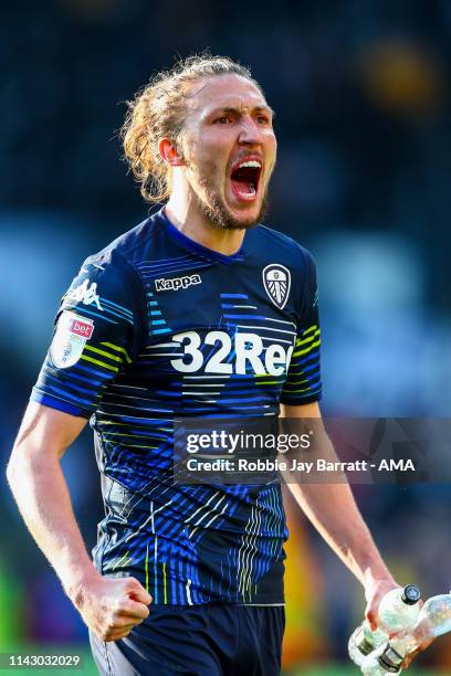 Luke Ayling of Leeds United celebrates at full time during the Sky Bet Championship Play-off Semi Final First Leg match between Derby County and...