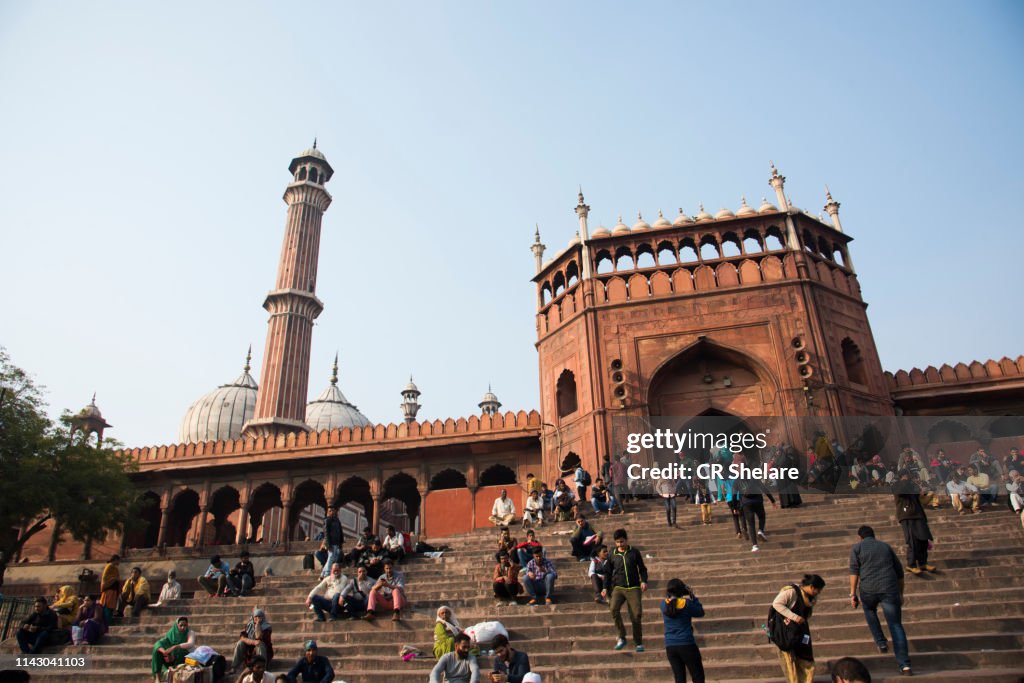 Tourist and local people visiting Jama Masjid mosque, Old Delhi, India.