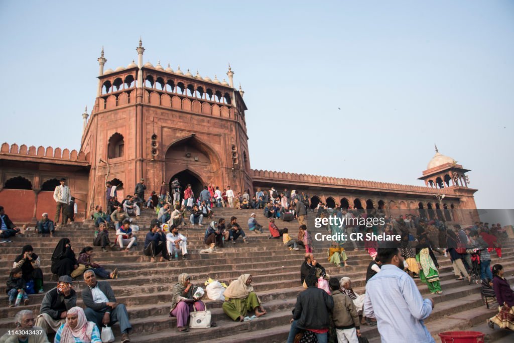 Tourist and local people visiting Jama Masjid mosque, Old Delhi, India.