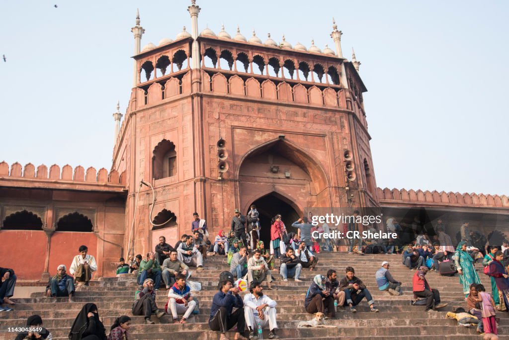 Tourist and local people visiting Jama Masjid mosque, Old Delhi, India.