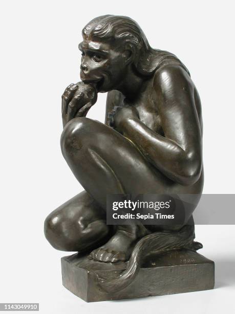 Pier Pander, Image of female man monkey eating apple, presenting Eva, on pedestal, sculpture sculpture bronze metal, molded molded in shape...