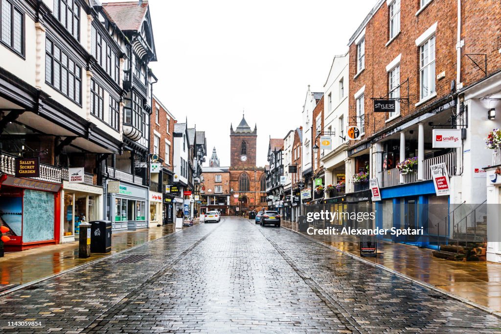 Street in historical old town of Chester, England, UK
