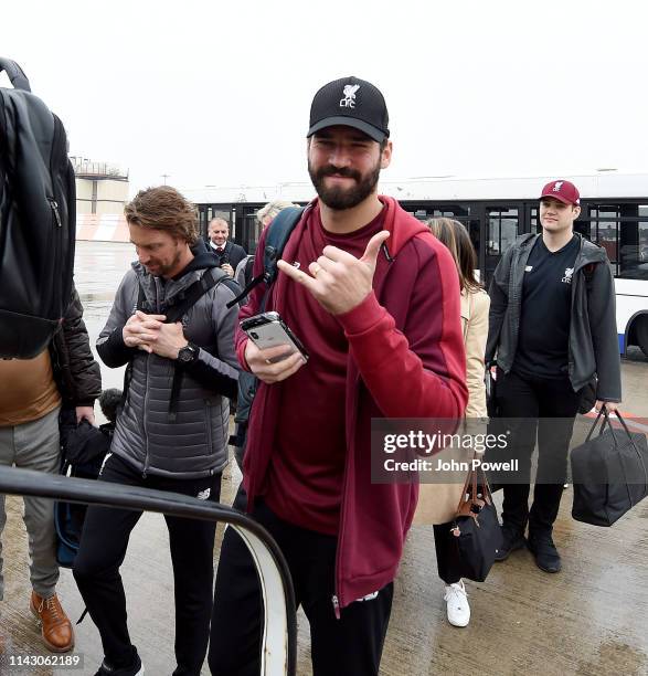 Alisson Becker of Liverpool boarding the plane at John Lennon Airport on April 16, 2019 in Liverpool, England.