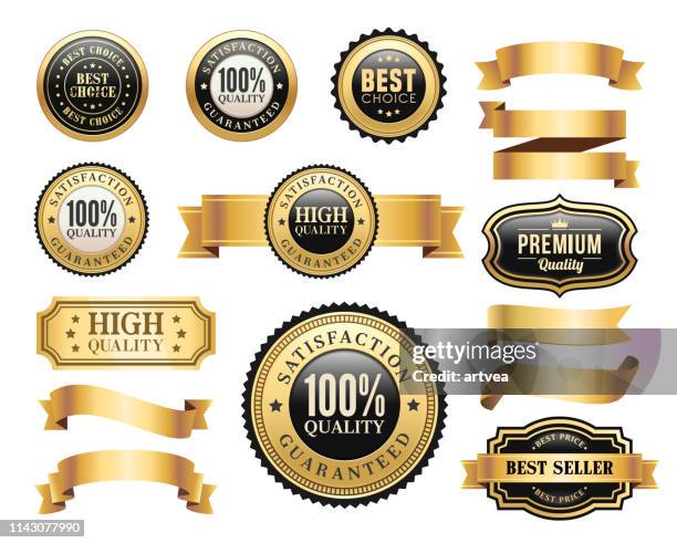 goldabzeichen und ribbons setzen - fangen stock-grafiken, -clipart, -cartoons und -symbole