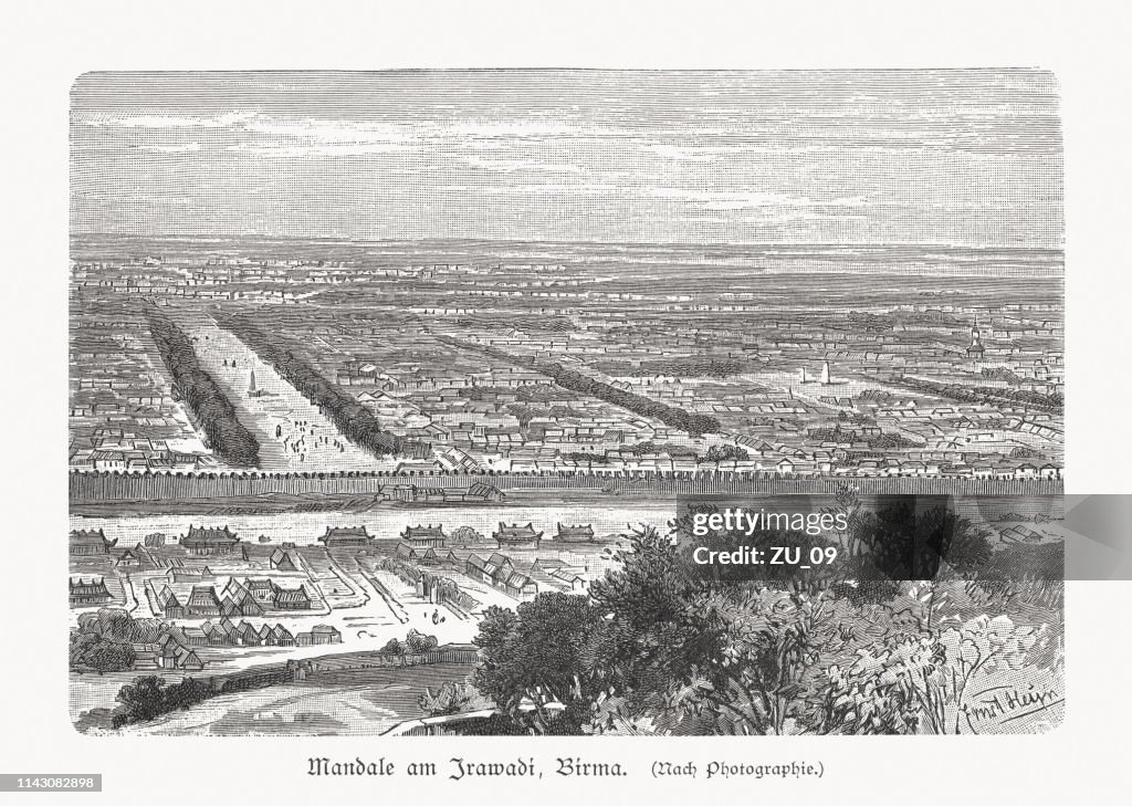 Mandalay at the Irrawaddy River, Myanmar, wood engraving, published 1897